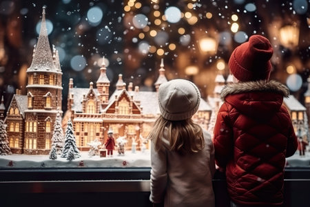 children looking a window of a christmas shop on christmas day. generative aiの素材