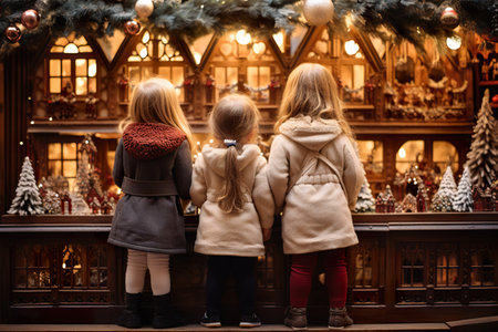 children looking a window of a christmas shop on christmas day. generative aiの素材