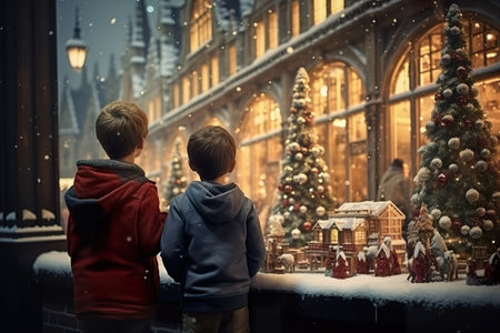 children looking a window of a christmas shop on christmas day. generative aiの素材