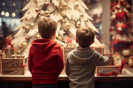 children looking a window of a christmas shop on christmas day. generative aiの素材