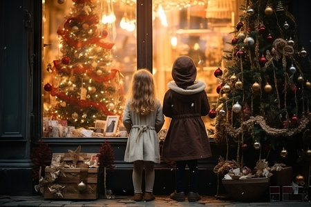 children looking a window of a christmas shop on christmas day. generative aiの素材