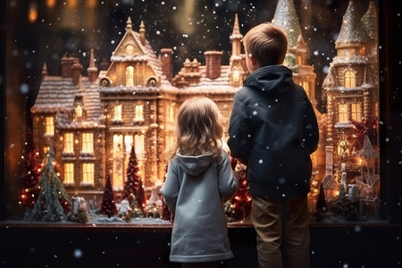children looking a window of a christmas shop on christmas day. generative aiの素材