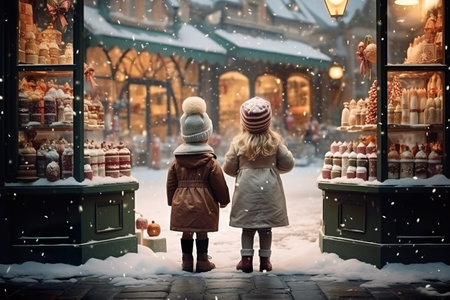 children looking a window of a christmas shop on christmas day. generative aiの素材