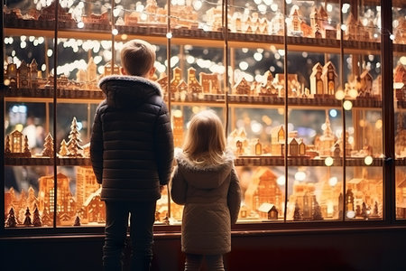 children looking a window of a christmas shop on christmas day. generative aiの素材