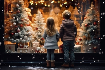 children looking a window of a christmas shop on christmas day. generative aiの素材