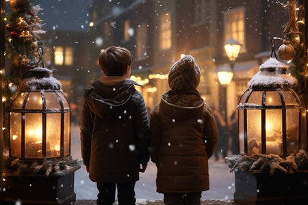 children looking a window of a christmas shop on christmas day. generative aiの素材