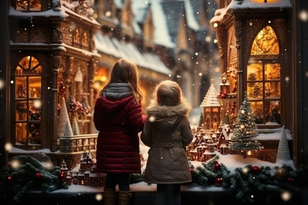 children looking a window of a christmas shop on christmas day. generative aiの素材
