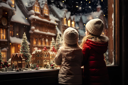 children looking a window of a christmas shop on christmas day. generative aiの素材