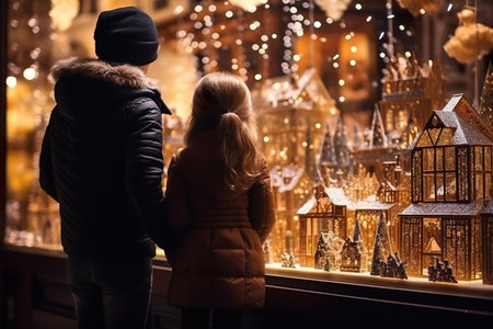 children looking a window of a christmas shop on christmas day. generative aiの素材