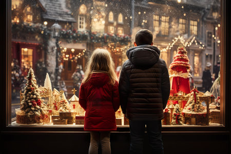 children looking a window of a christmas shop on christmas day. generative aiの素材