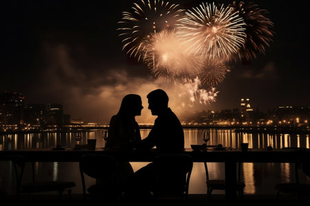 Couple dating in restaurant, New Year's Day celebration fireworks. generative aiの素材