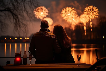Couple dating in restaurant, New Year's Day celebration fireworks. generative aiの素材