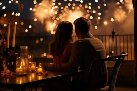 Couple dating in restaurant, New Year's Day celebration fireworks. generative aiの素材