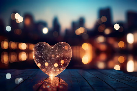 Heart-shaped bokeh, blurred background. in the evening with city lights. generative aiの素材