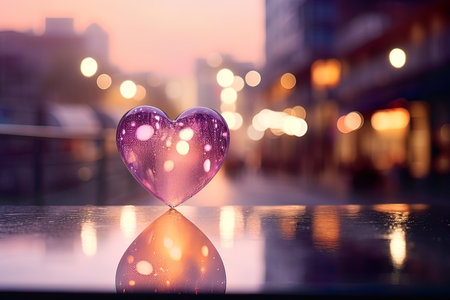 Heart-shaped bokeh, blurred background. in the evening with city lights. generative aiの素材