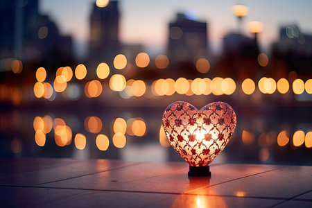Heart-shaped bokeh, blurred background. in the evening with city lights. generative aiの素材