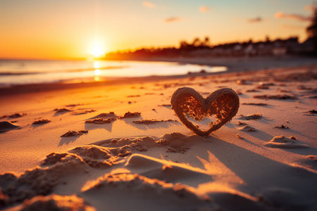Hearts shape in the sand at the beach of sunset warm light. generative aiの素材