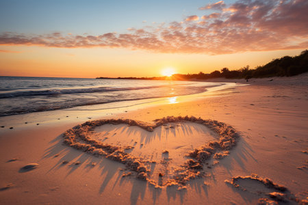 Hearts shape in the sand at the beach of sunset warm light. generative aiの素材