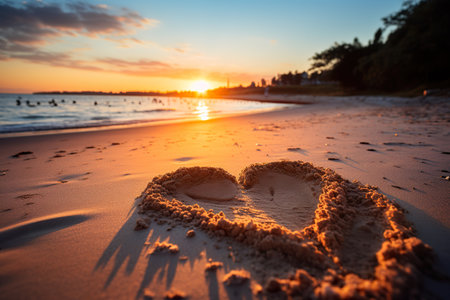 Hearts shape in the sand at the beach of sunset warm light. generative aiの素材