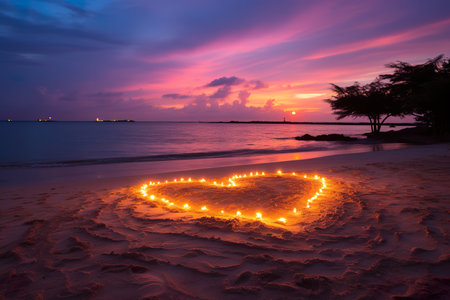 Hearts shape in the sand at the beach of sunset warm light. generative aiの素材