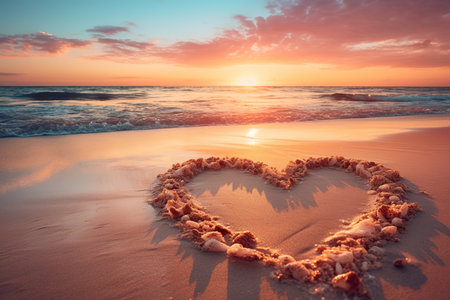 Hearts shape in the sand at the beach of sunset warm light. generative aiの素材