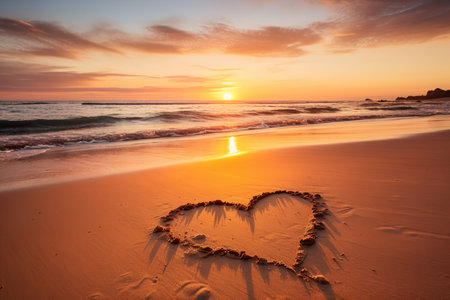 Hearts shape in the sand at the beach of sunset warm light. generative aiの素材