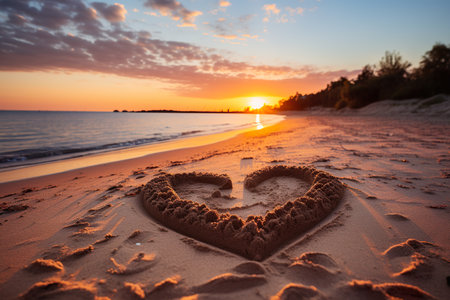 Hearts shape in the sand at the beach of sunset warm light. generative aiの素材