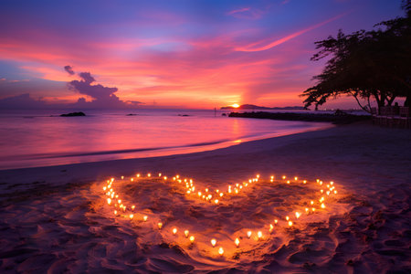Hearts shape in the sand at the beach of sunset warm light. generative aiの素材