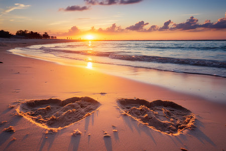 Hearts shape in the sand at the beach of sunset warm light. generative aiの素材