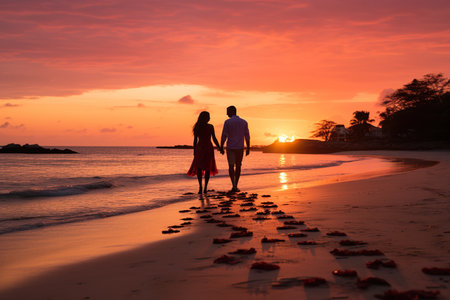 Hearts shape in the sand at the beach of sunset warm light. generative aiの素材
