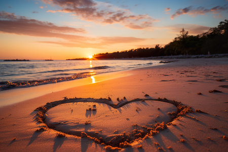 Hearts shape in the sand at the beach of sunset warm light. generative aiの素材