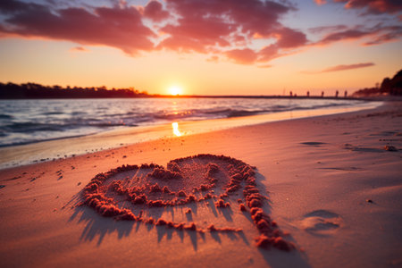 Hearts shape in the sand at the beach of sunset warm light. generative aiの素材