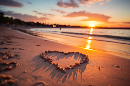 Hearts shape in the sand at the beach of sunset warm light. generative aiの素材