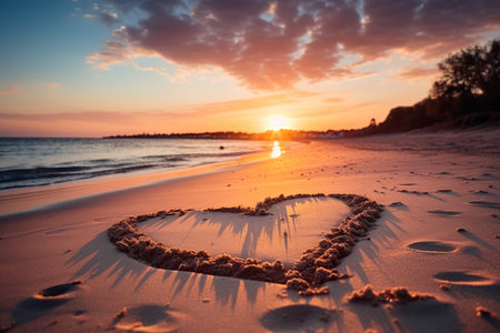 Hearts shape in the sand at the beach of sunset warm light. generative aiの素材