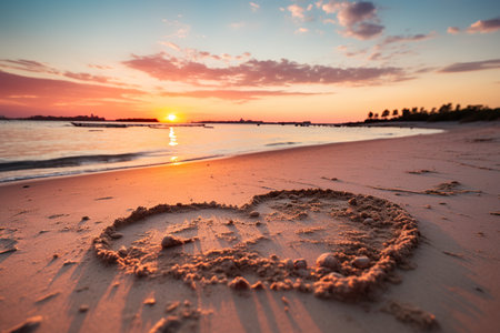 Hearts shape in the sand at the beach of sunset warm light. generative aiの素材