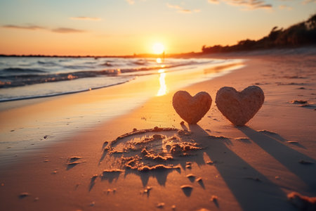 Hearts shape in the sand at the beach of sunset warm light. generative aiの素材