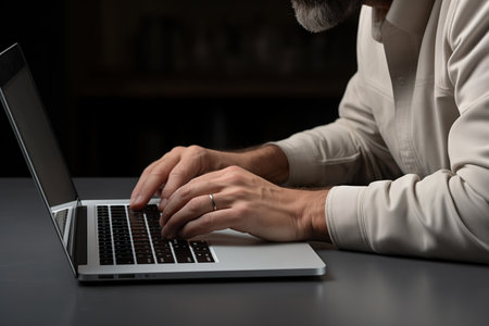Close-up photo of businessman typing on laptop. generative aiの素材
