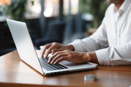 Close-up photo of businessman typing on laptop. generative aiの素材