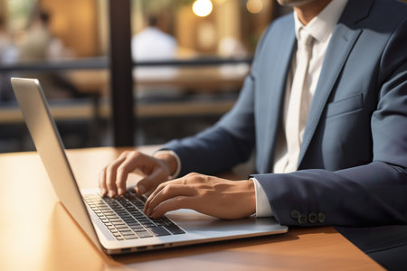 Close-up photo of businessman typing on laptop. generative aiの素材