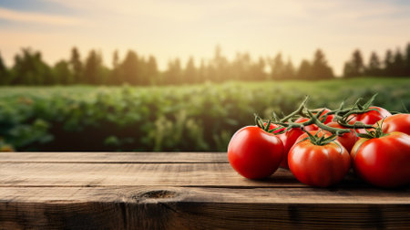 Product display rustic old wooden boards table with tomato farm in background. generative aiの素材