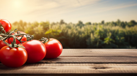 Product display rustic old wooden boards table with tomato farm in background. generative aiの素材