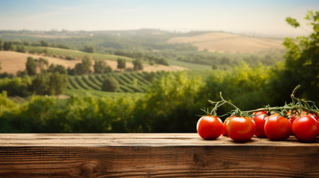 Product display rustic old wooden boards table with tomato farm in background. generative aiの素材