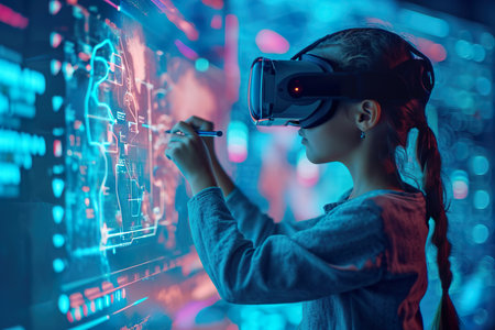 A child artist paints while wearing a virtual reality headset, showing Infographic of imagination.の素材