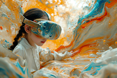 A child artist paints while wearing a virtual reality headset, showing Infographic of imagination.の素材
