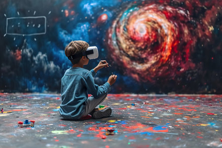 A child artist paints while wearing a virtual reality headset, showing Infographic of imagination.の素材
