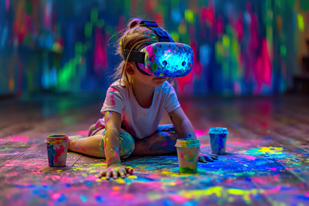 A child artist paints while wearing a virtual reality headset, showing Infographic of imagination.の素材