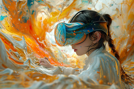 A child artist paints while wearing a virtual reality headset, showing Infographic of imagination.の素材