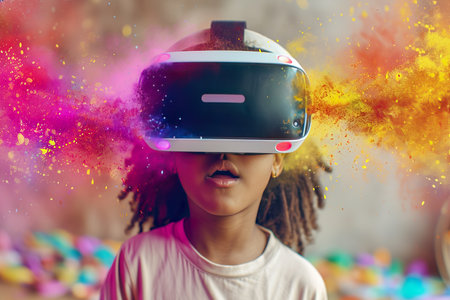 A child artist paints while wearing a virtual reality headset, showing Infographic of imagination.の素材