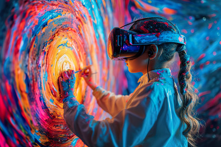 A child artist paints while wearing a virtual reality headset, showing Infographic of imagination.の素材