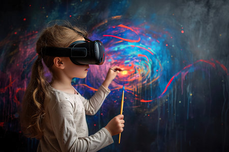 A child artist paints while wearing a virtual reality headset, showing Infographic of imagination.の素材